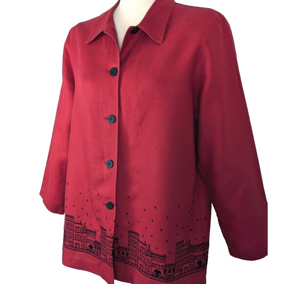 Coldwater Creek Womens MED Red Linen Embroidered Jacket Shacket - Picture 3 of 8